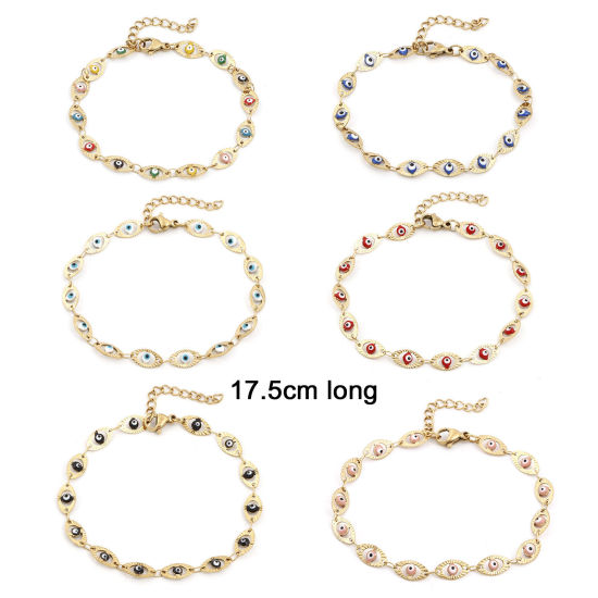 Immagine di Placcatura Sottovuoto Ecologica 304 Acciaio Inossidabile Religione Catena a Maglia Fatta a Mano Braccialetti 18K Oro Placcato Multicolore Malocchio Smalto 17.5cm Lunghezza, 1 Pz