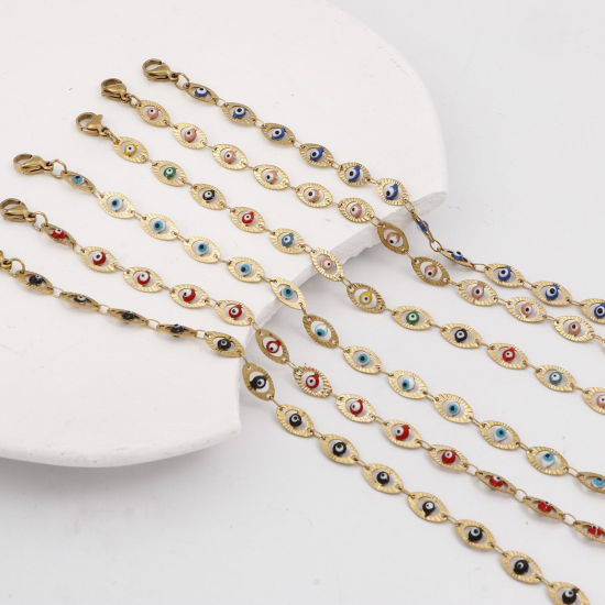 Immagine di Placcatura Sottovuoto Ecologica 304 Acciaio Inossidabile Religione Catena a Maglia Fatta a Mano Braccialetti 18K Oro Placcato Multicolore Malocchio Smalto 17.5cm Lunghezza, 1 Pz