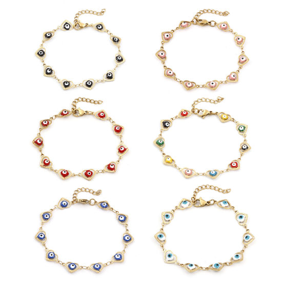 Picture of Eco-friendly Vacuum Plating 304 Stainless Steel Religious Handmade Link Chain Bracelets 18K Gold Plated Multicolor Heart Evil Eye Enamel 17.5cm(6 7/8") long