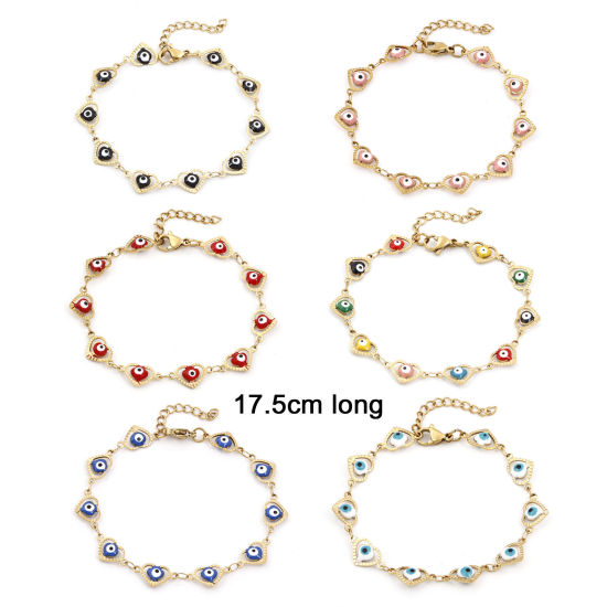 Picture of Eco-friendly Vacuum Plating 304 Stainless Steel Religious Handmade Link Chain Bracelets 18K Gold Plated Multicolor Heart Evil Eye Enamel 17.5cm(6 7/8") long