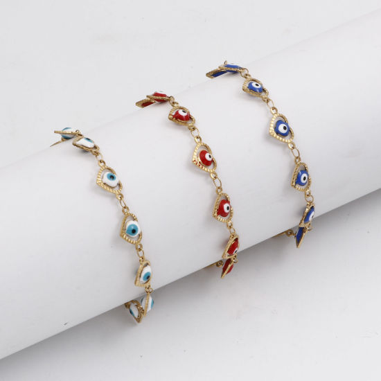 Picture of Eco-friendly Vacuum Plating 304 Stainless Steel Religious Handmade Link Chain Bracelets 18K Gold Plated Multicolor Heart Evil Eye Enamel 17.5cm(6 7/8") long