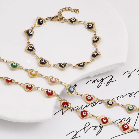 Picture of Eco-friendly Vacuum Plating 304 Stainless Steel Religious Handmade Link Chain Bracelets 18K Gold Plated Multicolor Heart Evil Eye Enamel 17.5cm(6 7/8") long