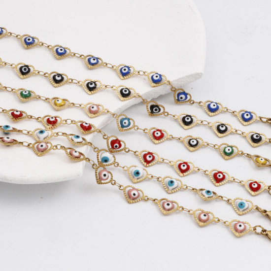 Picture of Eco-friendly Vacuum Plating 304 Stainless Steel Religious Handmade Link Chain Bracelets 18K Gold Plated Multicolor Heart Evil Eye Enamel 17.5cm(6 7/8") long