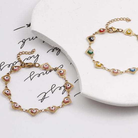 Picture of Eco-friendly Vacuum Plating 304 Stainless Steel Religious Handmade Link Chain Bracelets 18K Gold Plated Multicolor Heart Evil Eye Enamel 17.5cm(6 7/8") long