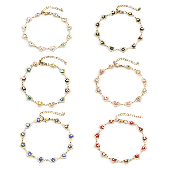 Immagine di 1 Pz Placcatura Sottovuoto 304 Acciaio Inossidabile Religione Catena a Maglia Fatta a Mano Cavigliere Placcato Oro 18K Multicolore Smalto Cuore Malocchio 21cm lunghezza