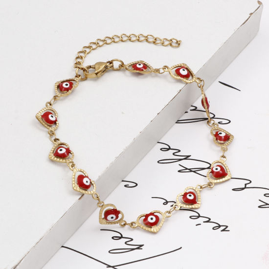 Immagine di 1 Pz Placcatura Sottovuoto 304 Acciaio Inossidabile Religione Catena a Maglia Fatta a Mano Cavigliere Placcato Oro 18K Multicolore Smalto Cuore Malocchio 21cm lunghezza