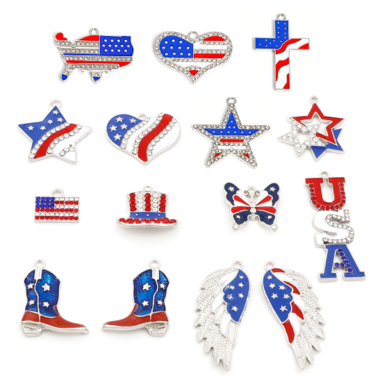 Picture of Zinc Based Alloy American Independence Day Pendants Silver Tone Red & Blue National Flag Enamel Clear Rhinestone