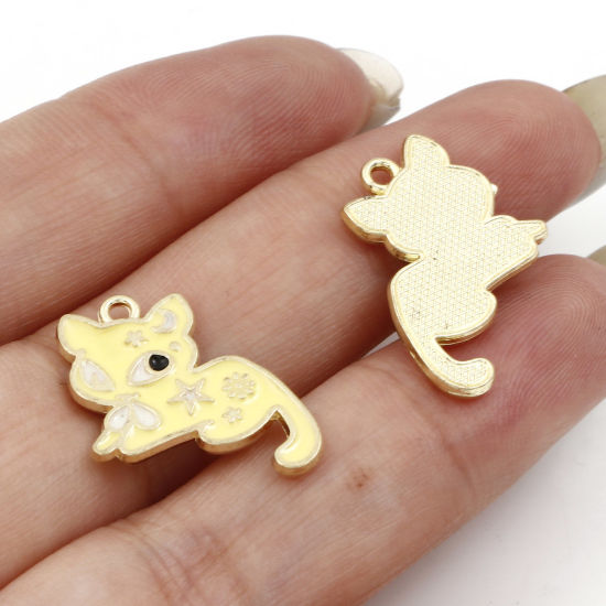 Picture of Zinc Based Alloy Cute Charms Gold Plated Multicolor Cat Animal Enamel 19mm x 16mm