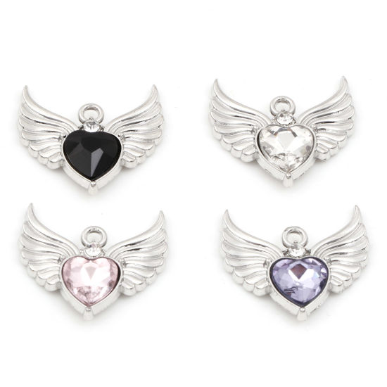 Picture of Zinc Based Alloy Valentine's Day Charms Silver Tone Heart Wing Multicolor Rhinestone 22.5mm x 21mm