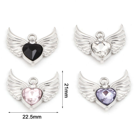 Picture of Zinc Based Alloy Valentine's Day Charms Silver Tone Heart Wing Multicolor Rhinestone 22.5mm x 21mm