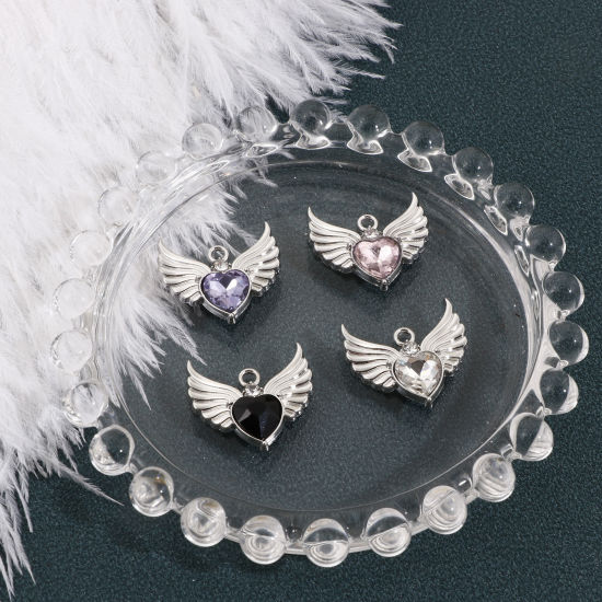 Picture of Zinc Based Alloy Valentine's Day Charms Silver Tone Heart Wing Multicolor Rhinestone 22.5mm x 21mm