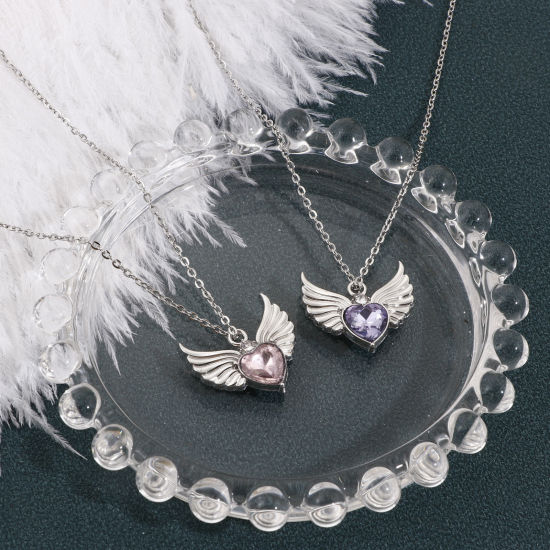 Picture of Zinc Based Alloy Valentine's Day Charms Silver Tone Heart Wing Multicolor Rhinestone 22.5mm x 21mm