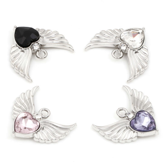 Picture of Zinc Based Alloy Valentine's Day Charms Silver Tone Heart Wing Multicolor Rhinestone 22.5mm x 21mm