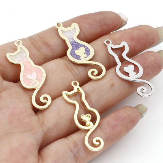 Bild von Zinklegierung Anhänger Katze Emaille 3.4cm x 1.2cm, 10 Stück