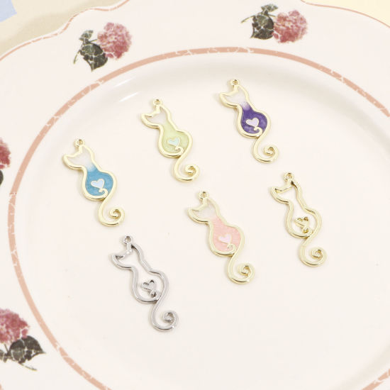 Bild von Zinklegierung Anhänger Katze Emaille 3.4cm x 1.2cm, 10 Stück