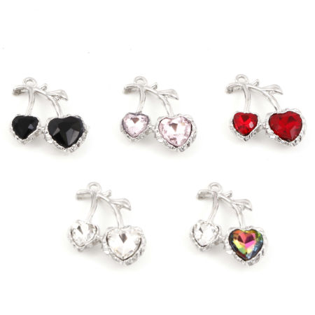 Zinklegierung Charms Silberfarbe Kirsche Bunt Strass 25mm x 20mm, 5 Stück
