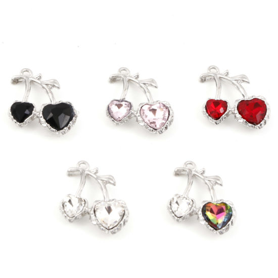 Picture of Zinc Based Alloy Charms Silver Tone Cherry Fruit Multicolor Rhinestone 25mm x 20mm