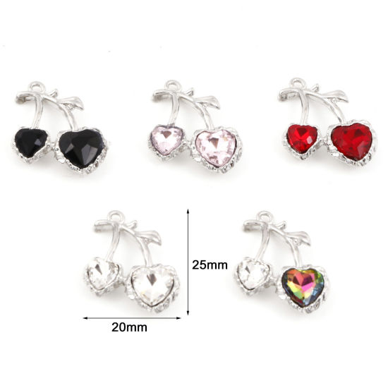 Picture of Zinc Based Alloy Charms Silver Tone Cherry Fruit Multicolor Rhinestone 25mm x 20mm