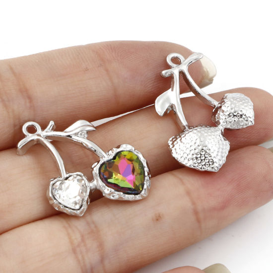 Picture of Zinc Based Alloy Charms Silver Tone Cherry Fruit Multicolor Rhinestone 25mm x 20mm