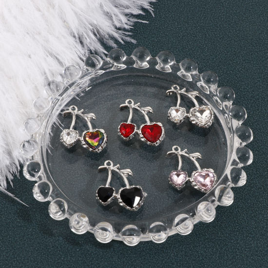 Picture of Zinc Based Alloy Charms Silver Tone Cherry Fruit Multicolor Rhinestone 25mm x 20mm