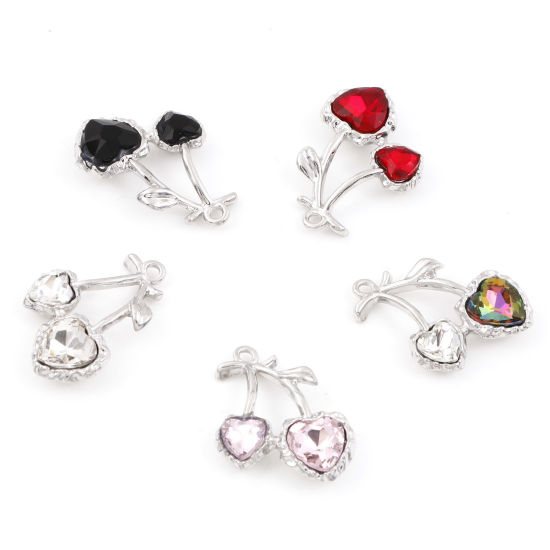 Picture of Zinc Based Alloy Charms Silver Tone Cherry Fruit Multicolor Rhinestone 25mm x 20mm