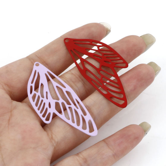 Picture of Iron Based Alloy Filigree Stamping Pendants Multicolor Butterfly Wing Insect Painted 5cm x 2.1cm