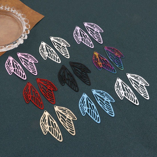 Picture of Iron Based Alloy Filigree Stamping Pendants Multicolor Butterfly Wing Insect Painted 5cm x 2.1cm