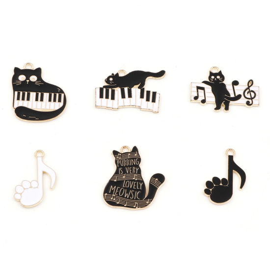 Picture of Zinc Based Alloy Music Charms Gold Plated Black & White Cat Animal Piano Enamel