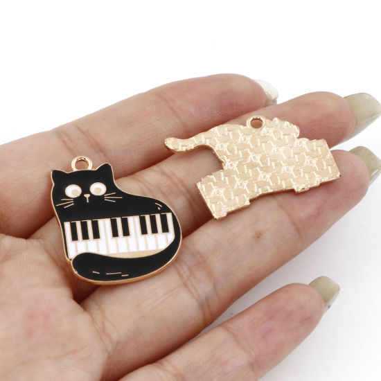 Picture of Zinc Based Alloy Music Charms Gold Plated Black & White Cat Animal Piano Enamel