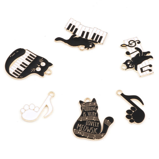Picture of Zinc Based Alloy Music Charms Gold Plated Black & White Cat Animal Piano Enamel