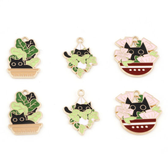Picture of Zinc Based Alloy Charms Gold Plated Multicolor Cat Animal Pot Plant Enamel