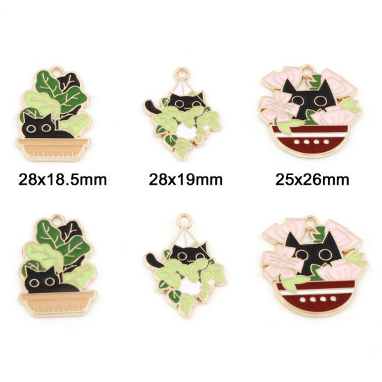 Picture of Zinc Based Alloy Charms Gold Plated Multicolor Cat Animal Pot Plant Enamel