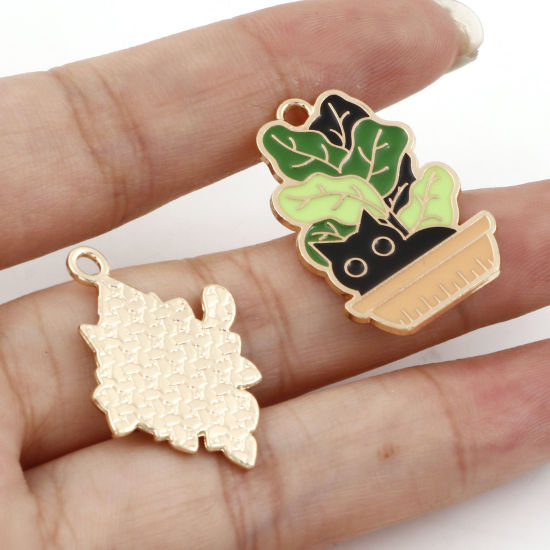 Picture of Zinc Based Alloy Charms Gold Plated Multicolor Cat Animal Pot Plant Enamel