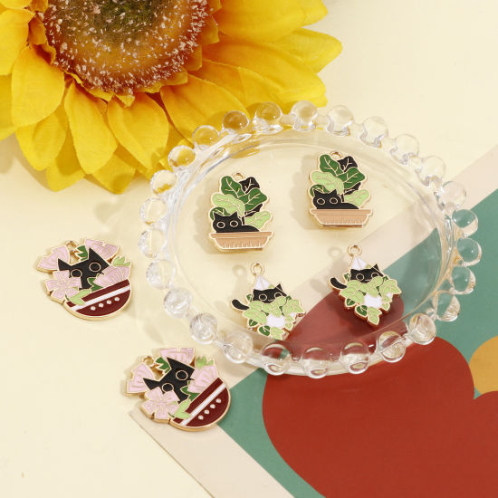 Picture of Zinc Based Alloy Charms Gold Plated Multicolor Cat Animal Pot Plant Enamel