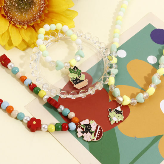 Picture of Zinc Based Alloy Charms Gold Plated Multicolor Cat Animal Pot Plant Enamel
