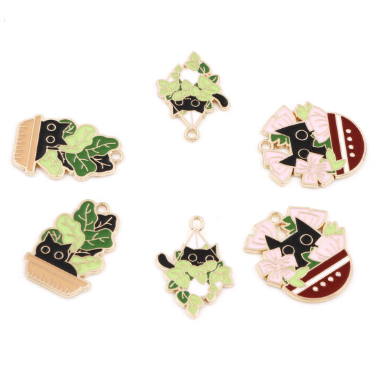 Picture of Zinc Based Alloy Charms Gold Plated Multicolor Cat Animal Pot Plant Enamel