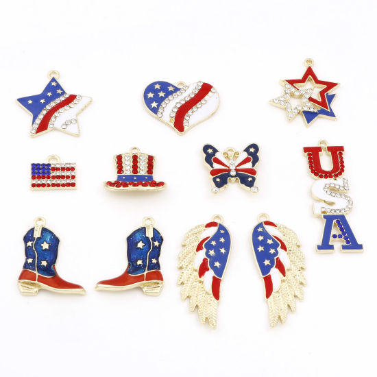 Picture of Zinc Based Alloy American Independence Day Pendants Gold Plated Red & Blue National Flag Enamel Clear Rhinestone