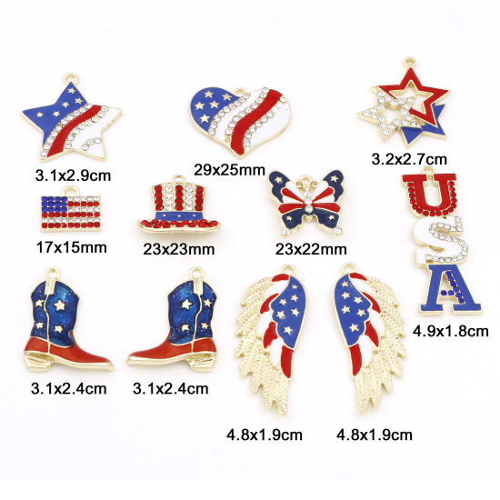 Picture of Zinc Based Alloy American Independence Day Pendants Gold Plated Red & Blue National Flag Enamel Clear Rhinestone