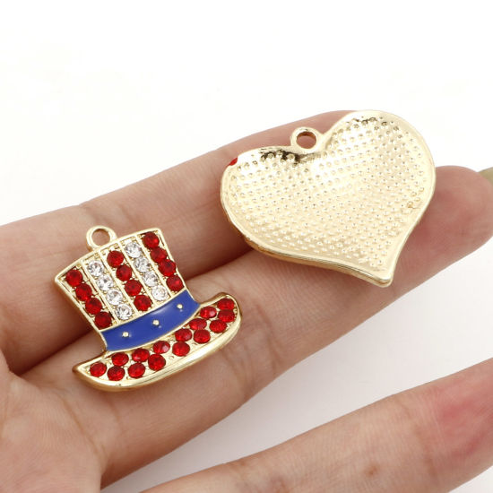 Picture of Zinc Based Alloy American Independence Day Pendants Gold Plated Red & Blue National Flag Enamel Clear Rhinestone