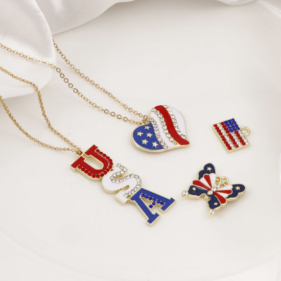 Picture of Zinc Based Alloy American Independence Day Pendants Gold Plated Red & Blue National Flag Enamel Clear Rhinestone