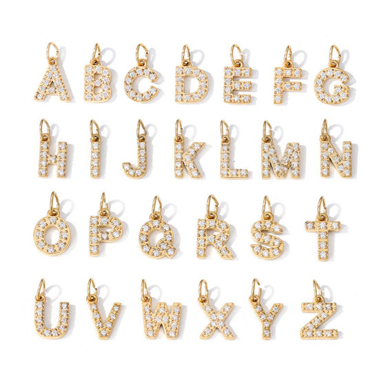 Picture of Eco-friendly PVD Vacuum Plating 304 Stainless Steel Charms 14K Gold Plated Capital Alphabet Initial Letter Number Micro Pave 8mm