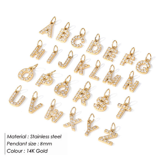 Picture of Eco-friendly PVD Vacuum Plating 304 Stainless Steel Charms 14K Gold Plated Capital Alphabet Initial Letter Number Micro Pave 8mm