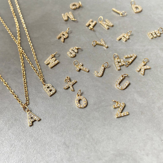 Picture of Eco-friendly PVD Vacuum Plating 304 Stainless Steel Charms 14K Gold Plated Capital Alphabet Initial Letter Number Micro Pave 8mm