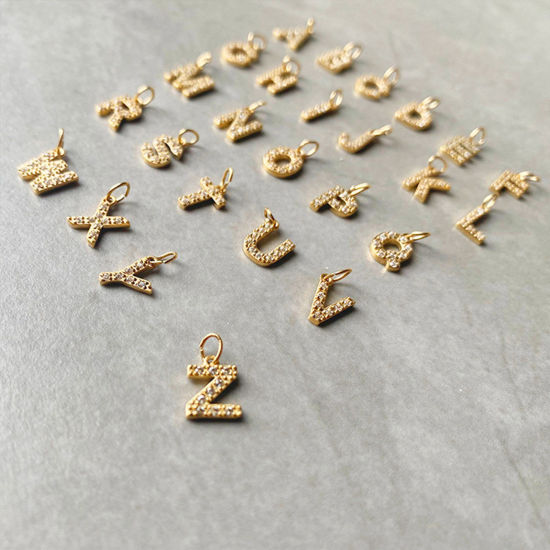 Picture of Eco-friendly PVD Vacuum Plating 304 Stainless Steel Charms 14K Gold Plated Capital Alphabet Initial Letter Number Micro Pave 8mm