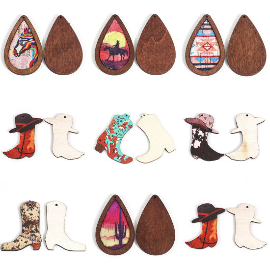 Image de Pendentifs Cowboy de l'Ouest en PU & Bois Naturel Multicolore Goutte d'Eau Boots 5 Pcs