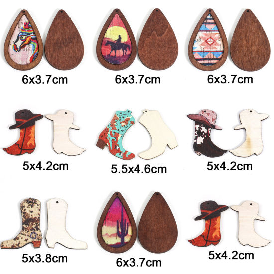 Image de Pendentifs Cowboy de l'Ouest en PU & Bois Naturel Multicolore Goutte d'Eau Boots 5 Pcs