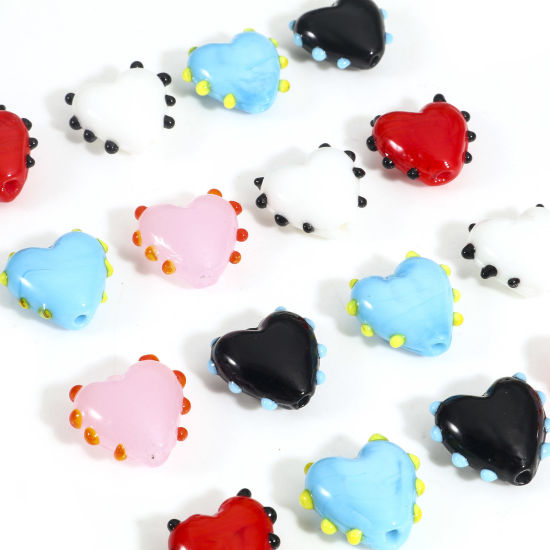 Picture of Lampwork Glass Valentine's Day Beads For DIY Jewelry Making Heart Multicolor Dot Enamel About 16mm x 16mm