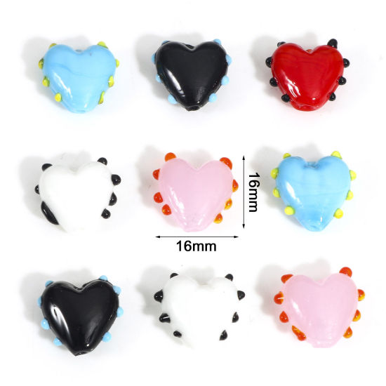 Picture of Lampwork Glass Valentine's Day Beads For DIY Jewelry Making Heart Multicolor Dot Enamel About 16mm x 16mm