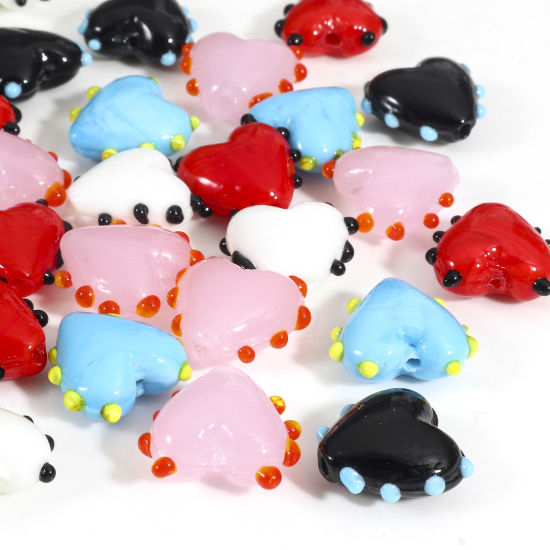 Picture of Lampwork Glass Valentine's Day Beads For DIY Jewelry Making Heart Multicolor Dot Enamel About 16mm x 16mm