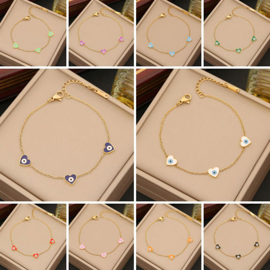 Immagine di Ecologico 304 Acciaio Inossidabile Religione Cavo Catena Braccialetti Oro Placcato Multicolore Malocchio Cuore Smalto 18cm Lunghezza, 1 Pz